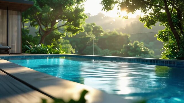 木々に囲まれた屋外プールの水面が静かに揺れる癒やしの空間