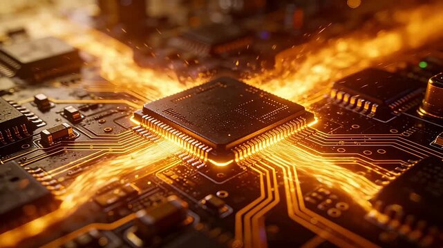 Circuit board chip with golden fire light effects and metal traces