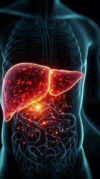 Pathological liver cirrhosis with nodular inflammation and glowing lesions revealed beneath ribs, open abdominal anatomy showing intestine and organs in high-detail medical visualization vertical.