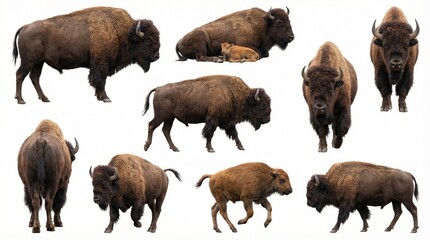 Multiple bison poses while grazing and resting in natural habitat  