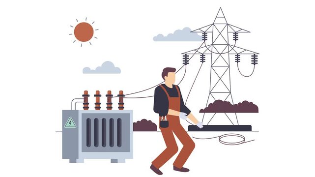 Utility Operators connecting Wire to Grid animation, transmission line construction contractor animated video, Electricity Profession clip, High Voltage Power Supply footage Handyman Repairman motion