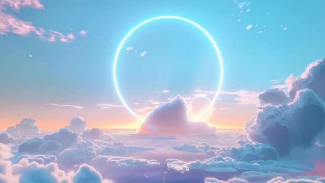 A stunning digital landscape showcasing vibrant clouds and a luminous halo around the sun, evoking serenity.