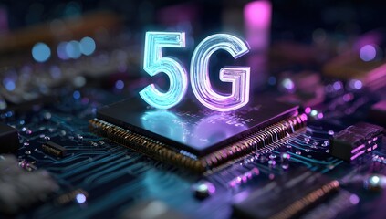 Illuminated "5G" text atop a detailed circuit board, representing advanced wireless technology