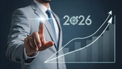 Businessman analyzing growth chart for 2026 with glowing interface