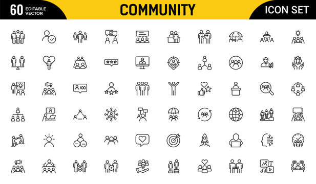 Community line icon set. People, hands, hearts, cooperation, and social connections drawn in unifying minimalist style. Thin outline icons pack. Vector illustration