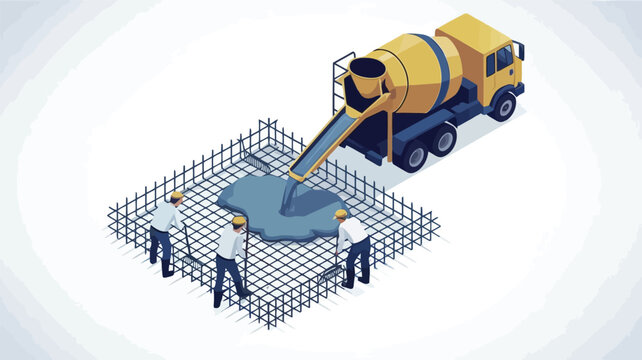Construction workers pouring concrete foundation with cement mixer