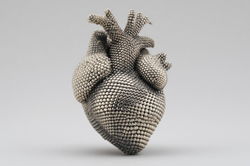 heart of stainless steel on gray background, shiny metal in anatomical organic bubbles style, artificial, love, passion, romance, romantic, photorealistic