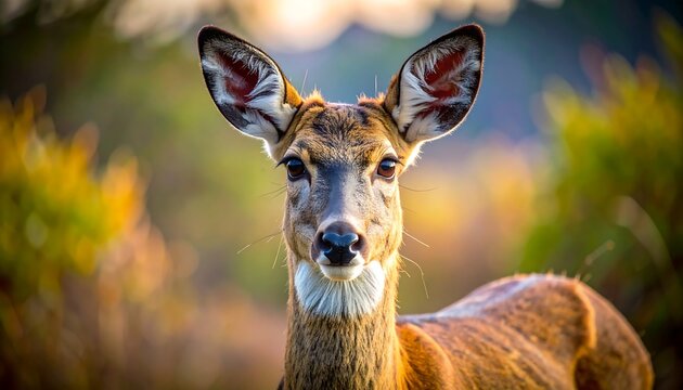 A close-up portrait of a deer gazing directly at the viewer with a blurred, colorful background. It has large ears and a white chest - Powered by Adobe