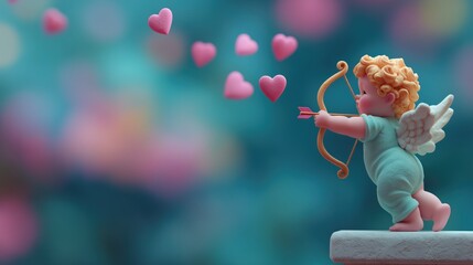 Fototapeta premium Petit cupidon aux ailes blanches tirant une flèche entouré de cœurs roses