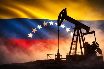 Oil pumpjack silhouette in front of the Venezuelan flag with dramatic smoke and warm lighting, symbolizing petroleum industry, energy production, and national economy concept.
