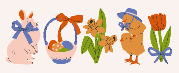 Various Easter symbols set. Cute bunny or fluffy rabbit, basket full of colorful eggs, cute chicks with hat, tulip, narcissus, ribbon bow. Hand drawn Vector illustration. Isolated design elements