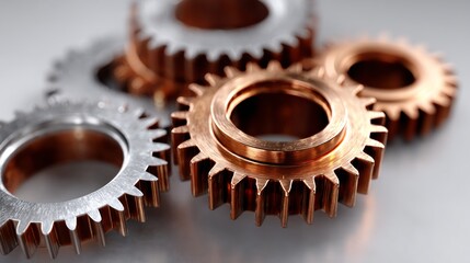 Close-up view of metallic gears in various colors, showcasing intricate details and textures, highlighting the craftsmanship and engineering behind mechanical components in a dynamic arrangement