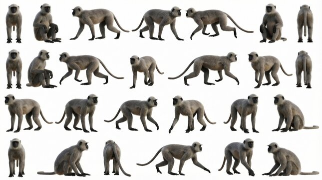 Group of baboons in various poses on white background   - Powered by Adobe