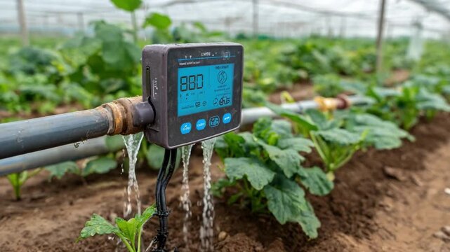 Medium shot of a hightech smart irrigation controller managing automated watering schedules for a thriving nursery filled with young plants