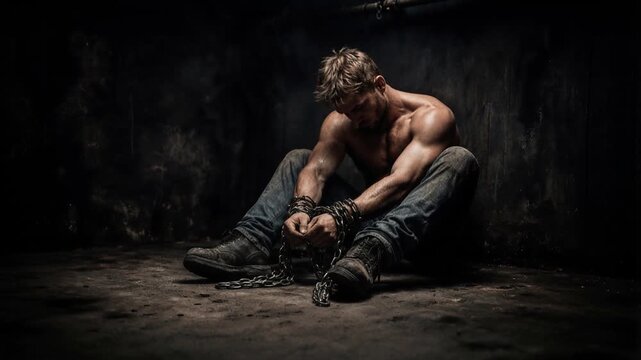 Young adult man sitting on concrete floor with wrists bound by heavy metal chains. Captive person in dark gritty basement or dungeon environment. Lockdown medium shot.