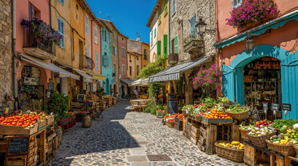 Fototapeta premium Charming mediterranean street market with colorful buildings and fresh produce displayed outdoors