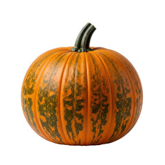 Vibrant deep orange pumpkin with green stripes and sturdy stem, against a pure high-key white studio background with copy space, subtle soft shadows. Concept of autumnal harvest and natural perfection
