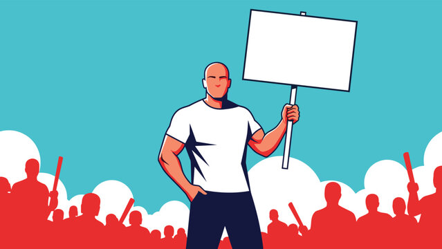 Determined male protester holding up a blank white picket sign in front of a crowd during a public demonstration or social rally.