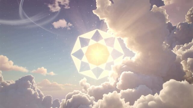 Surreal Cloudy Sky with Geometric Shapes.