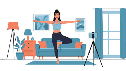 Young woman practicing a yoga tree pose in her living room while recording a video on a smartphone for an online fitness class.