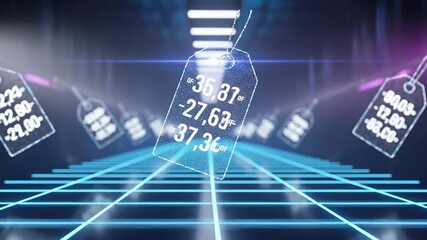 Futuristic digital corridor with virtual price tags and glowing elements, symbolizing e-commerce and modern technology. - Powered by Adobe