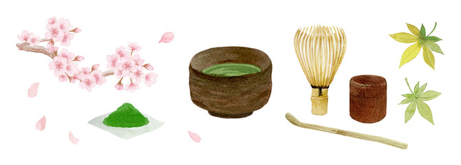 抹茶と桜,紅葉 Watercolor Matcha Tea Ceremony Set with Cherry Blossoms, Traditional Japanese Tea Illustration High quality-300dpi-
