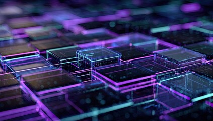 Close-up of glowing interconnected glass cubes with neon purple and blue circuitry