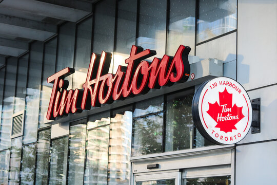 Toronto, Canada - September 14, 2025: Tim Hortons signage at 130 Harbour Toronto.