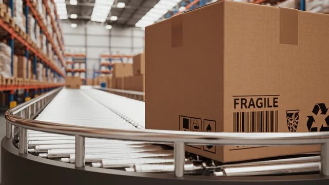 Cardboard box on conveyor belt in warehouse