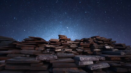 A pile of rough dark metal or stone slabs are stacked against a backdrop of a vast star filled night sky