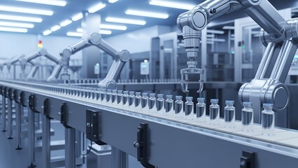 Fototapeta premium Automated pharmaceutical production line featuring robotic arms and vial handling system ensuring