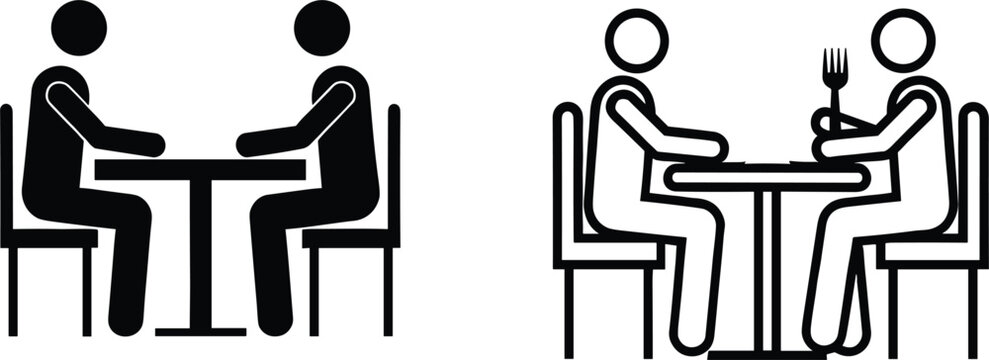 Black silhouette and outline icons of two people sitting at a restaurant table eating for dining concepts.