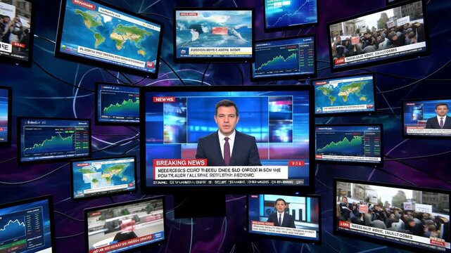 News anchors reporting on multiple monitors. Financial charts and world maps displaying breaking news and global events