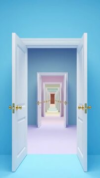 Open door with blue background in a room with pink walls in a creative space