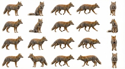 Obraz premium Group of foxes walking and sitting on a white background 