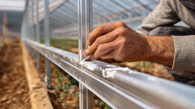 Craftsperson applying sealant to a metal greenhouse support beam enhancing stability and protection against corrosion.