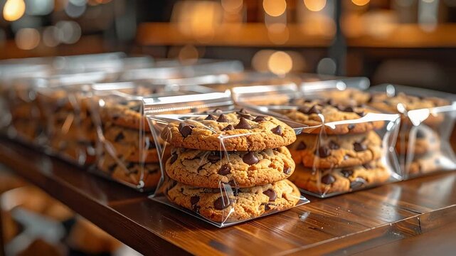 包装された焼き菓子が並ぶ工場ラインでの食品製造風景