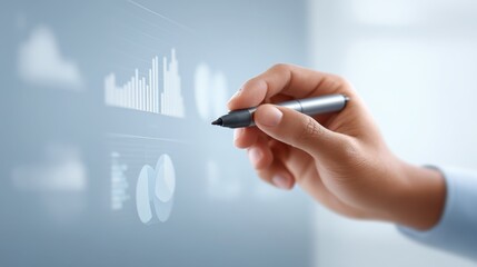 Person is writing on a computer screen with a pen. Business research.