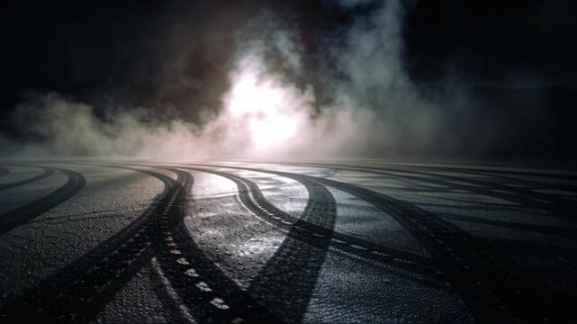 Dynamic tire skid marks on a dark, mysterious road shrouded in dense fog with piercing light