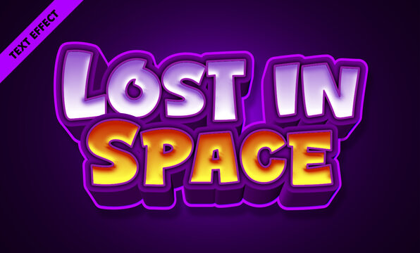 Lost in space editable futuristic galaxy text effect, purple and orange sci-fi 3d glossy cartoon text style Template