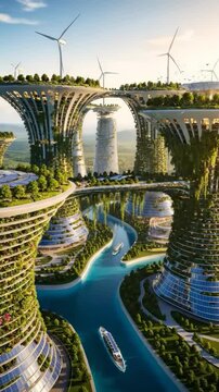 Futuristic architecture in a city with eco-friendly towers and wind turbines beside a river in the morning light