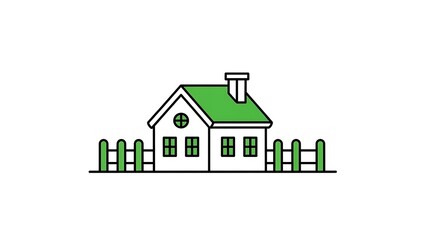 Charming white house with green roof and fence