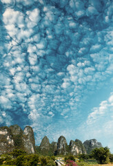 Karst Mountains Guilin Landscape. Scenic Yangshuo Park with Limestone Peaks and Blue Sky