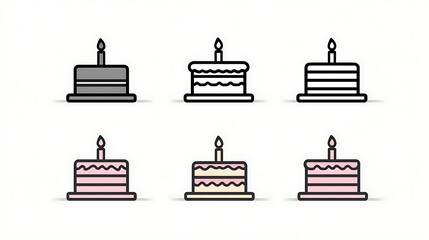 Assorted vector illustrations of birthday cakes, each with a single lit candle on top