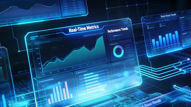Holographic dashboard displaying real-time metrics and performance trends. Interactive data visualization interface with line graphs and bar charts for analytical processing