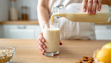 Woman pouring almond milk into glass in a modern kitchen setting  