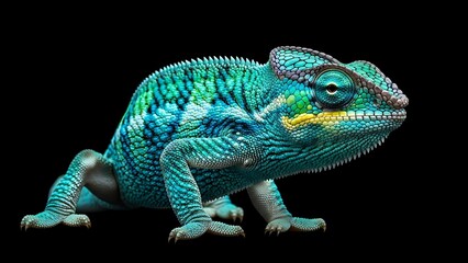 Obraz premium Vibrant Blue Green Chameleon on Black Background.