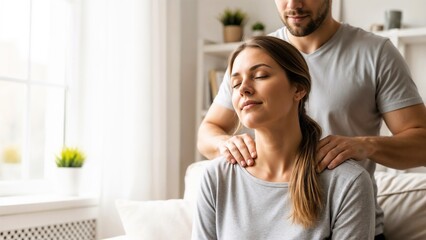 Man gently massaging woman's shoulders in a bright, cozy living room for relaxation and wellness