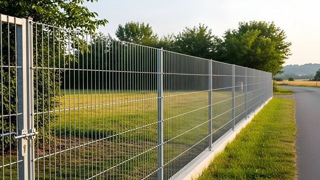Perimeter boundary demarcation through a wire mesh fence at rural area with green landscape