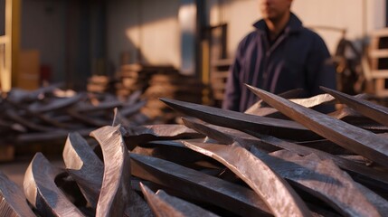 Pile of sharp metallic industrial offcuts with a blurred worker in the background of a manufacturing facility